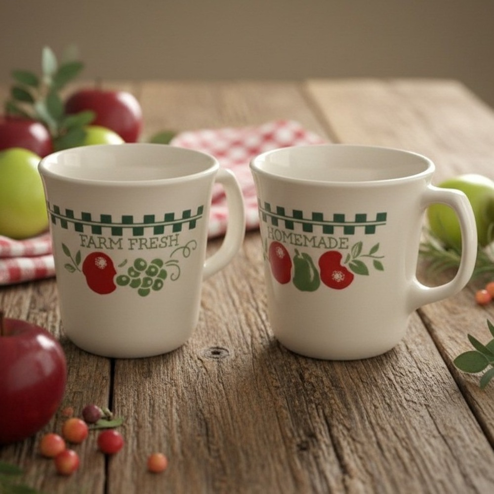 Corelle Corning Farm Fresh Apples Coffee Cups, Set of 2, Vintage Fused-Glass